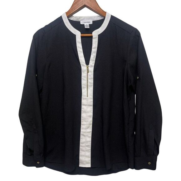 Black Collar Exposed with Roll up Sleeve Blouse Size M - Picture 1 of 15